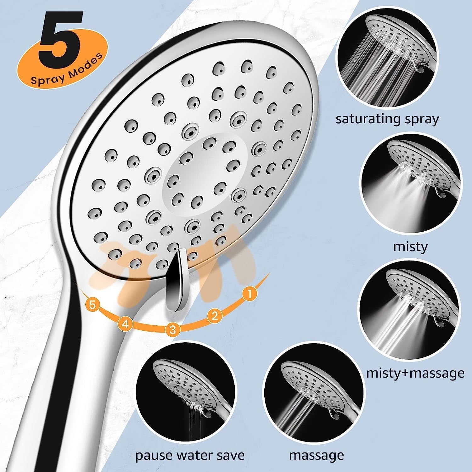 8'' Rainfall Stainless Steel Fixed Shower Head/Handheld Showerheads Combo 5 Settings with Extension Arm Height/Angle Adjustable, High Pressure Anti-Leak, Chrome