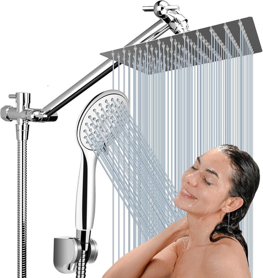 8'' Rainfall Stainless Steel Fixed Shower Head/Handheld Showerheads Combo 5 Settings with Extension Arm Height/Angle Adjustable, High Pressure Anti-Leak, Chrome