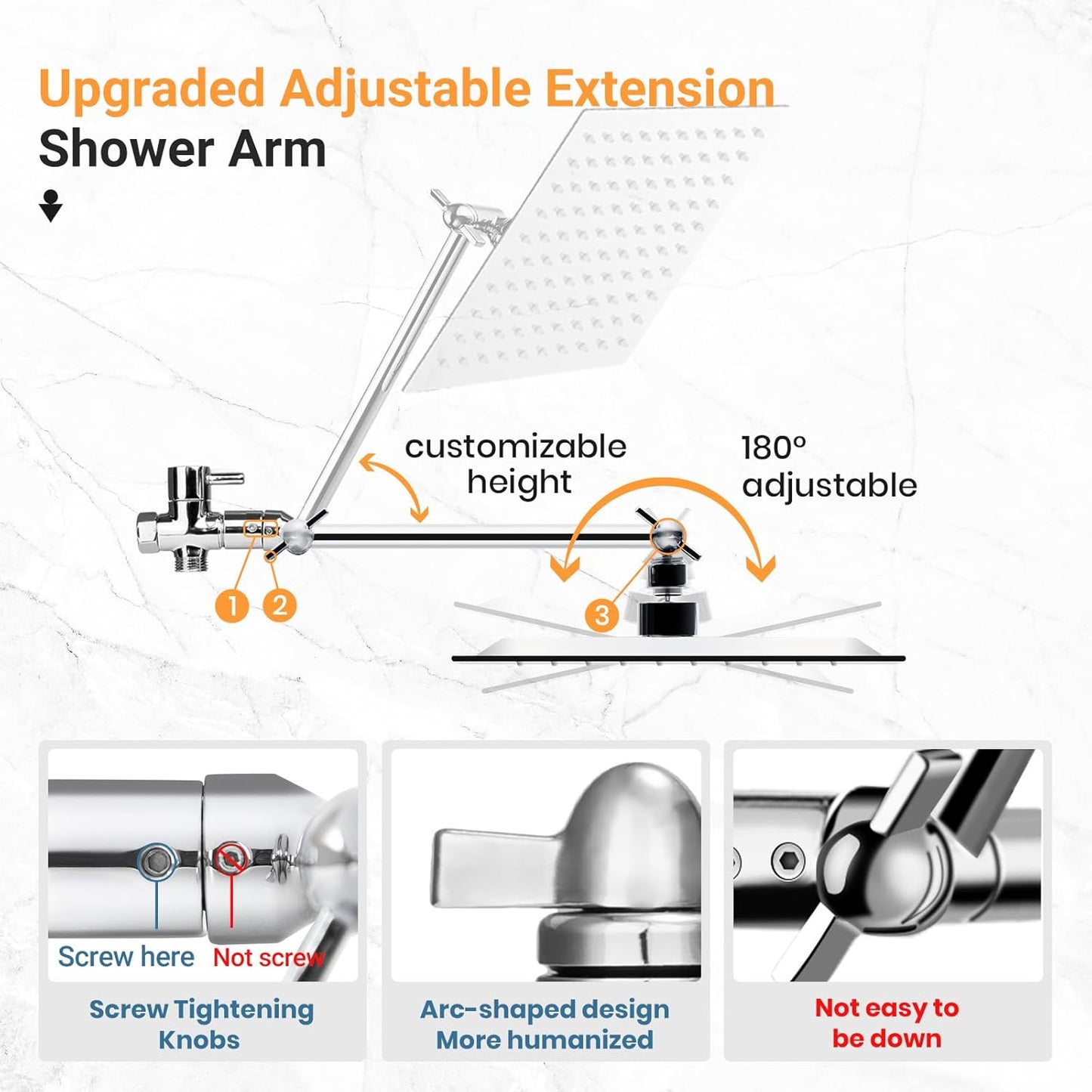 8'' Rainfall Stainless Steel Fixed Shower Head/Handheld Showerheads Combo 5 Settings with Extension Arm Height/Angle Adjustable, High Pressure Anti-Leak, Chrome